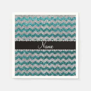 Custom name teal silver glitter chevrons napkin