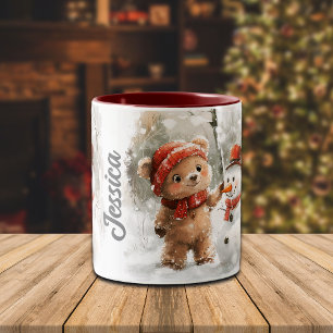 Custom Name Teddy Bear and Snowman Two-Tone Coffee Mug