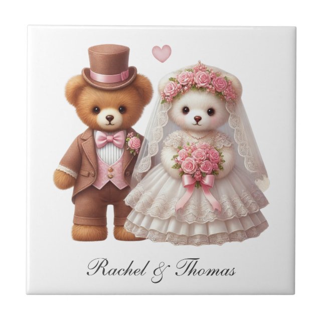 Custom Name Teddy Bear Bride and Groom Wedding Tile (Front)