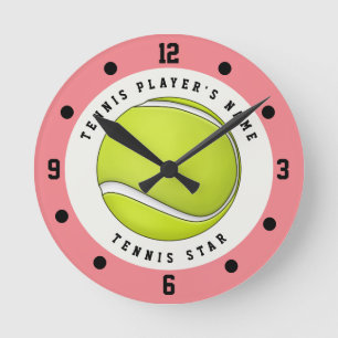 Custom Name Tennis Player Ball Pink Green Girls Round Clock