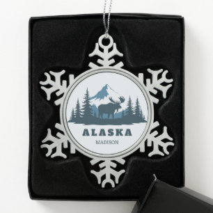 Custom Name & Text ALASKA Snowflake Pewter Christmas Ornament