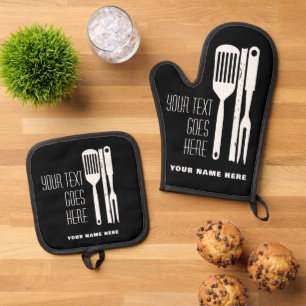 Custom Name & Text Black Oven Mitt & Pot Holder Set