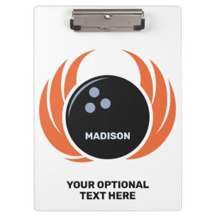 Custom Name & Text Bowling Ball with Flame Clipboard