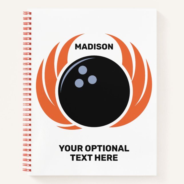 Custom Name & Text Bowling Ball with Flame Notebook (Front)
