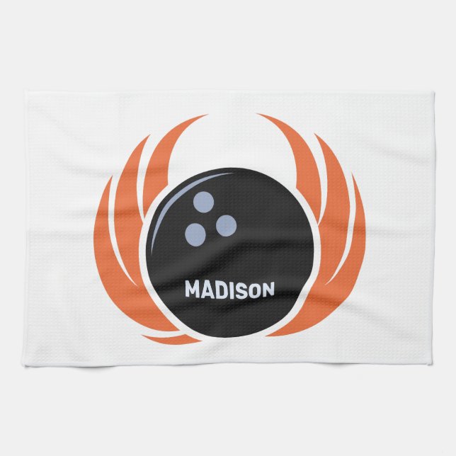 Custom Name & Text Bowling Ball with Flame Tea Towel (Horizontal)
