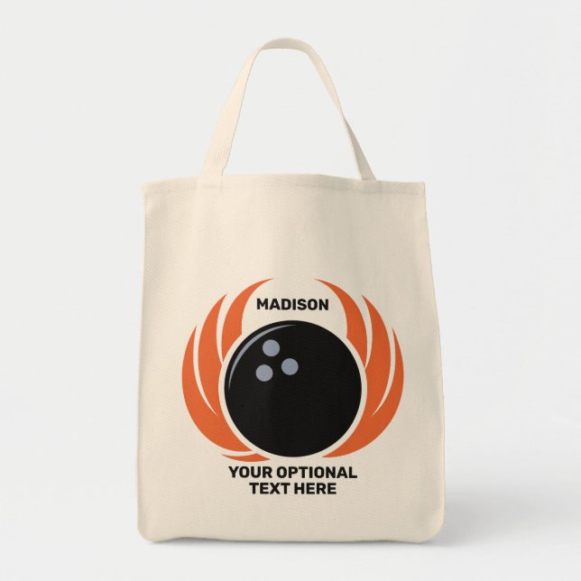 Custom Name & Text Bowling Ball with Flame Tote Bag (Front)