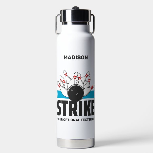 Custom Name & Text Bowling Strike Water Bottle (Front)