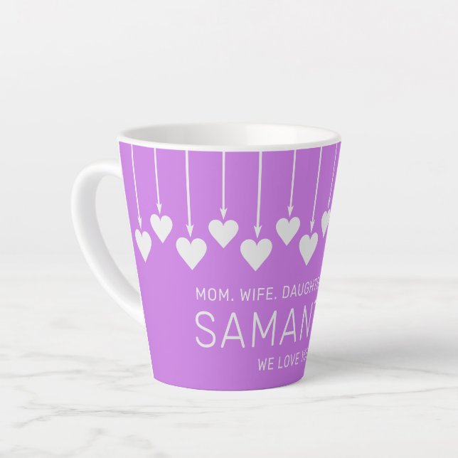 Custom Name, Text & Colour HEARTS Latte Mug (Left Angle)
