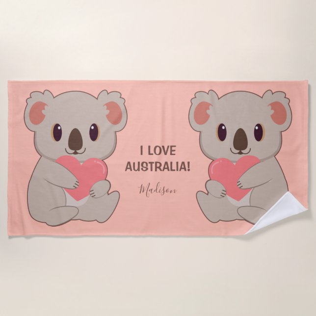 Custom Name, Text & Colour Love Koala Beach Towel (Front)