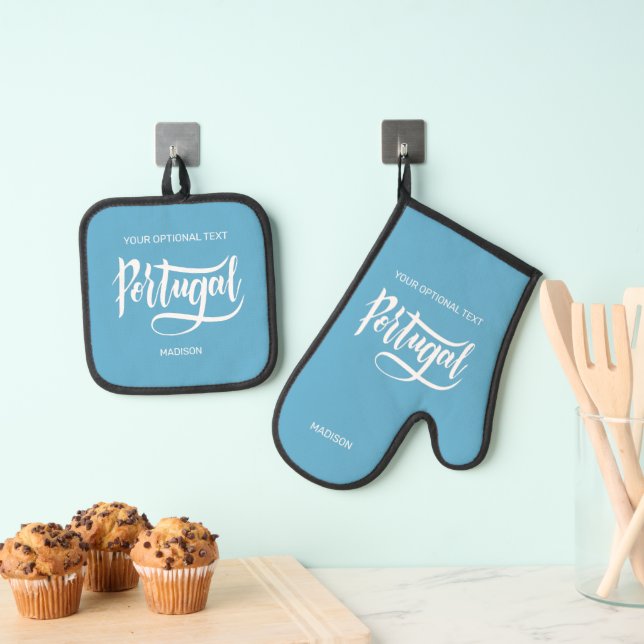 Custom Name, Text & Colour Portugal Oven Mitt & Pot Holder Set (Insitu(Hanging))