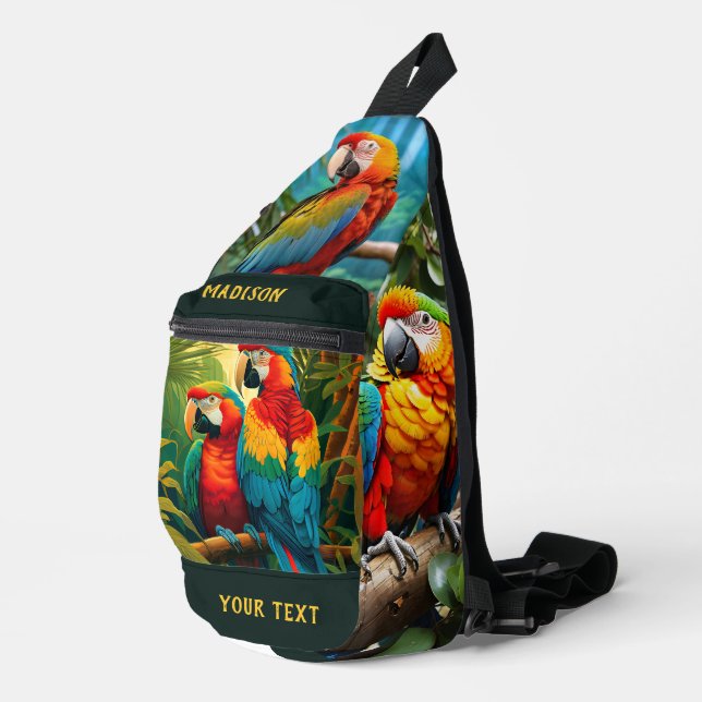 Custom Name & Text Colourful Parrots Sling Bag (Right Corner)