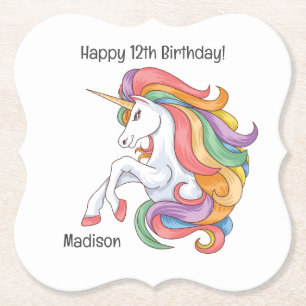 Custom Name & Text Colourful Unicorn Paper Coaster