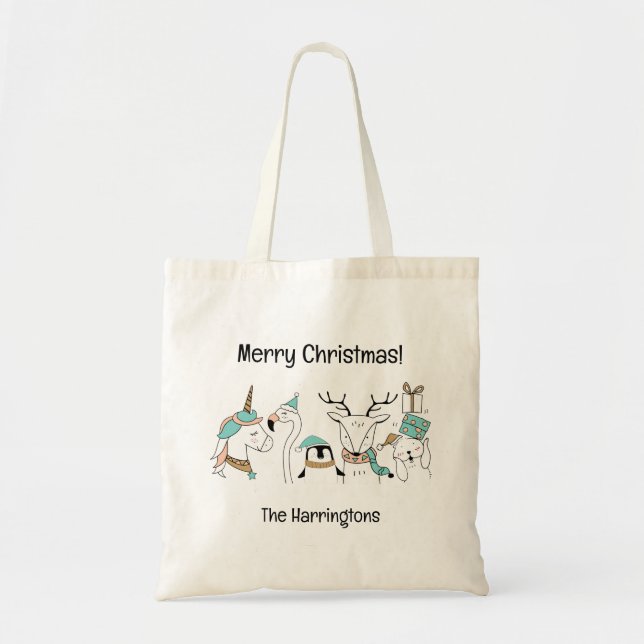 Custom Name & Text Cute Christmas Animals Tote Bag (Front)