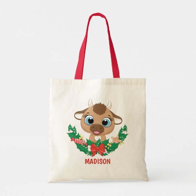 Custom Name & Text Cute Christmas Tote Bag (Back)