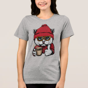 Custom Name / Text Cute Coffee Cat Tri-Blend Shirt