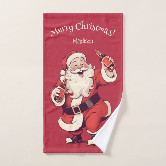 Custom Name & Text Funny Drunk Santa Hand Towel (Hand Towel)