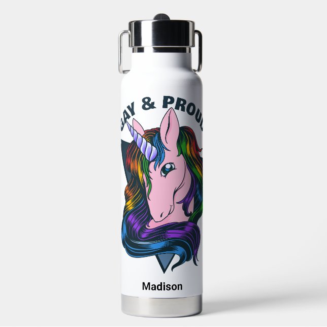 Custom Name & Text Gay Unicorn Water Bottle (Front)