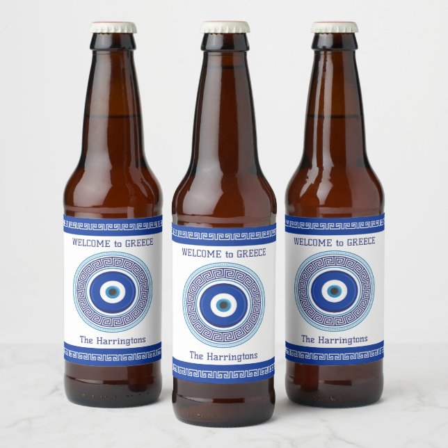 Custom Name & Text Greek Pattern Evil Eye Nazar Beer Bottle Label (Bottles)