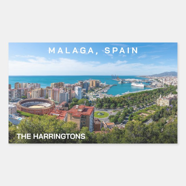 Custom Name & Text Malaga Spain Areal Photograph Rectangular Sticker (Front)