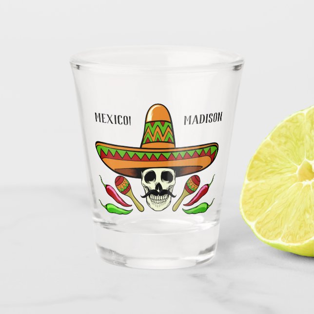 Custom name / text Mexican skull shot glass (Front)