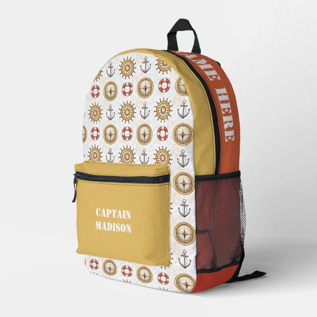 Custom Name & Text Nautical Pattern Printed Backpack (Back Corner Right)