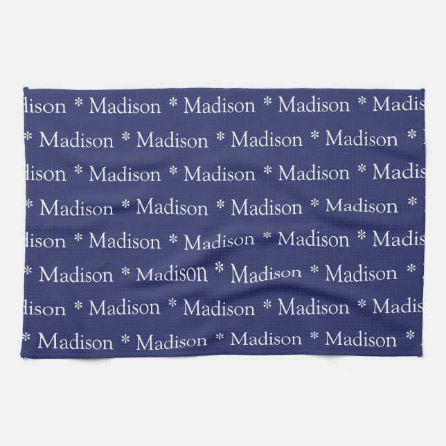 Custom name text navy blue white pattern tea towel (Horizontal)