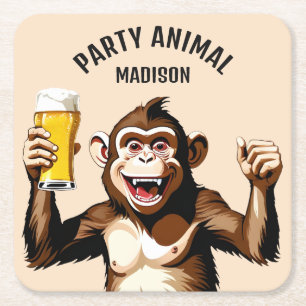 Custom Name & Text Party Animal Square Paper Coaster