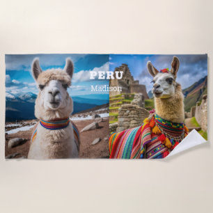 Custom Name & Text Peru Llama Beach Towel