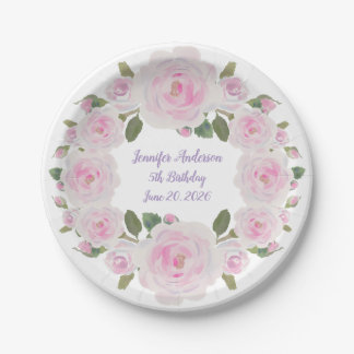 Custom Name, Text, Pink Roses Paper Plate Party