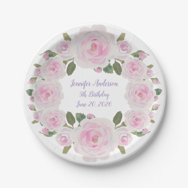Custom Name, Text, Pink Roses Paper Plate Party (Front)