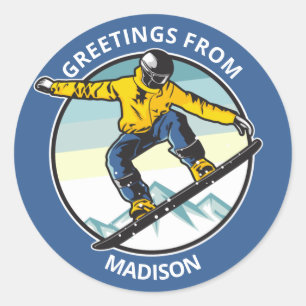 Custom name & text SNOWBOARDER Classic Round Sticker