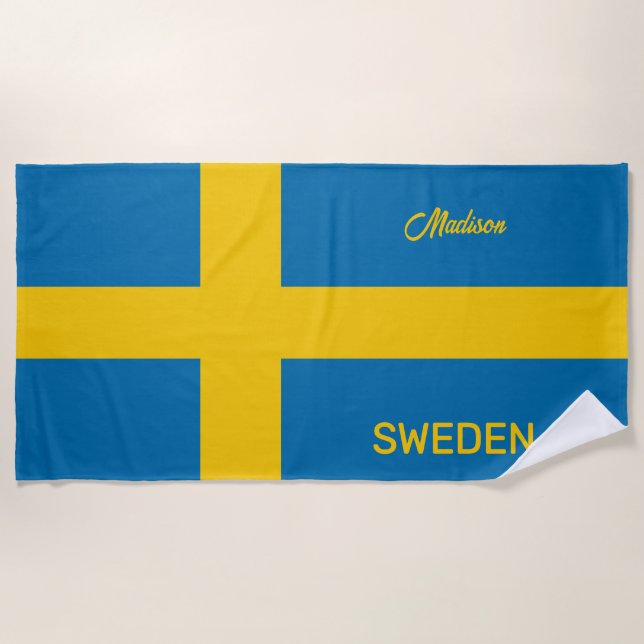 Custom Name & Text Swedish Flag Beach Towel (Front)