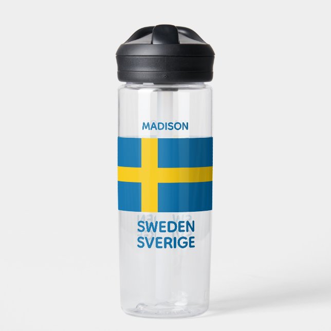 Custom Name & Text Swedish Flag Water Bottle (Front)