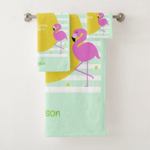 Custom Name & Text Tropical Flamingos Bath Towel Set