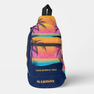 Custom Name & Text Tropical Island Sunset Sling Bag