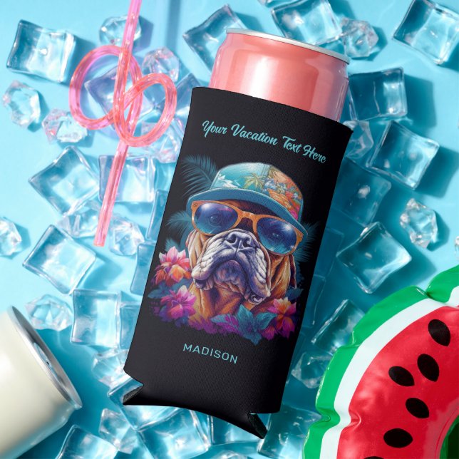 Custom Name & Text Tropical Vacation Dog Seltzer Can Cooler (In Situ Summer)
