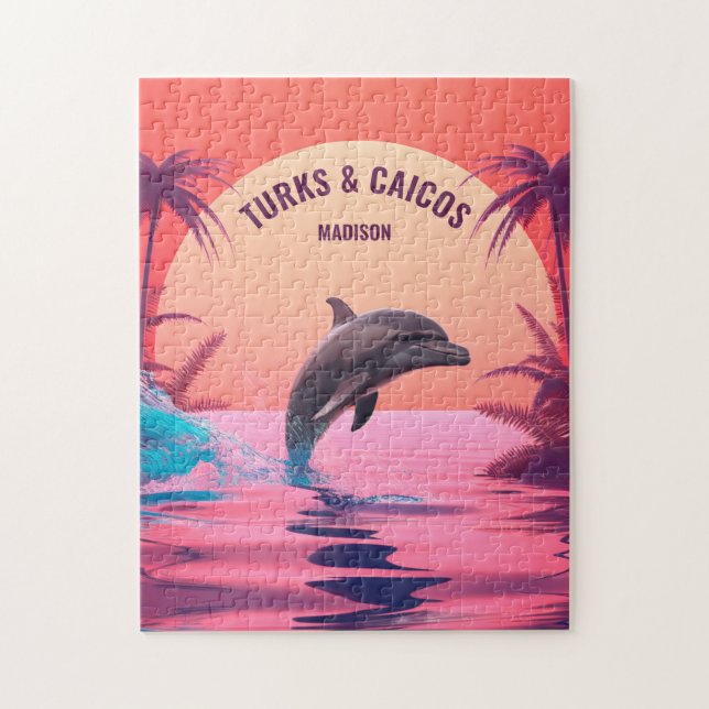 Custom Name & Text Turks and Caicos Dolphin Jigsaw Puzzle (Vertical)
