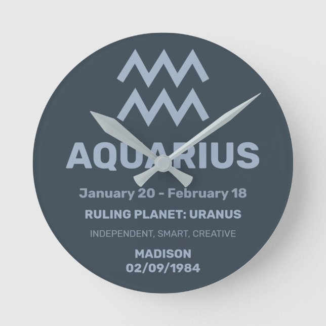 Custom Name / Text Zodiac Sign Aquarius Round Clock (Front)