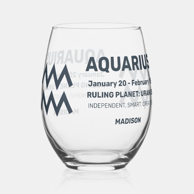 Custom Name / Text Zodiac Sign Aquarius Stemless Wine Glass (Back)