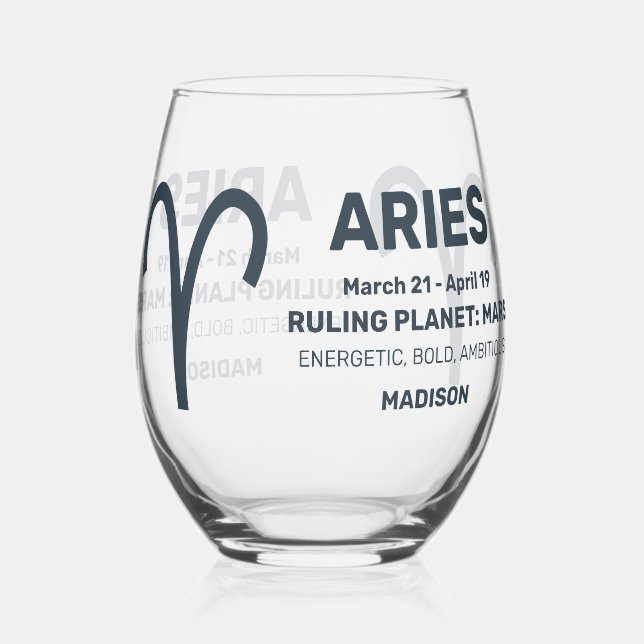 Custom Name / Text Zodiac Sign Aries Stemless Wine Glass (Front)