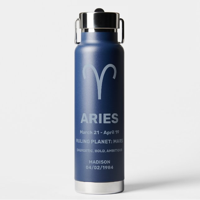 Custom Name / Text Zodiac Sign Aries Water Bottle (Front)