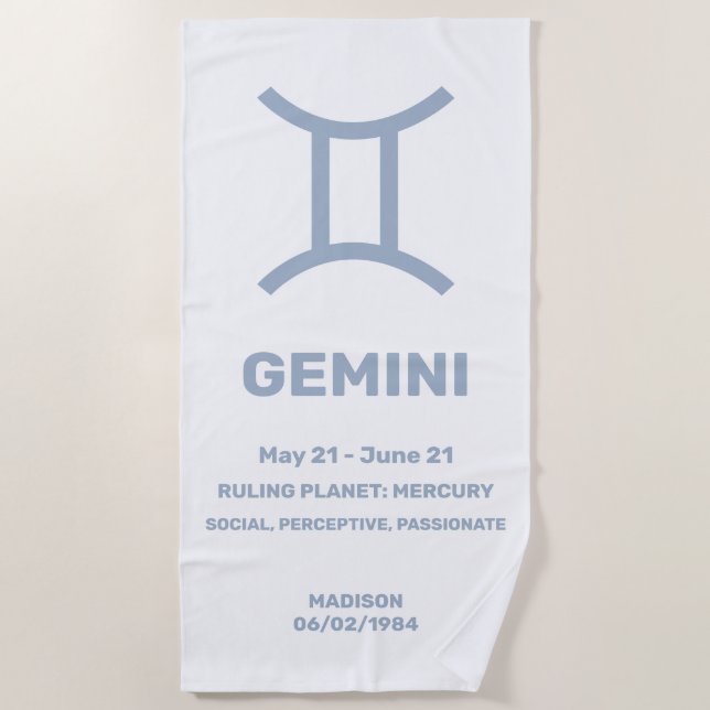 Custom Name / Text Zodiac Sign Gemini Beach Towel (Front)