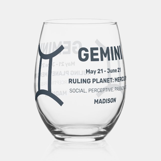 Custom Name / Text Zodiac Sign Gemini Stemless Wine Glass (Front)