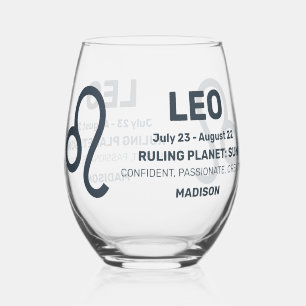 Custom Name / Text Zodiac Sign Leo Stemless Wine Glass