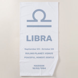 Custom Name / Text Zodiac Sign Libra Beach Towel