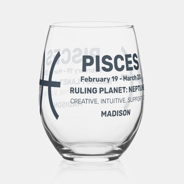 Custom Name / Text Zodiac Sign Pisces Stemless Wine Glass (Front)
