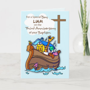 Custom Name Third Anniversary of Baptism Boy Ark Card