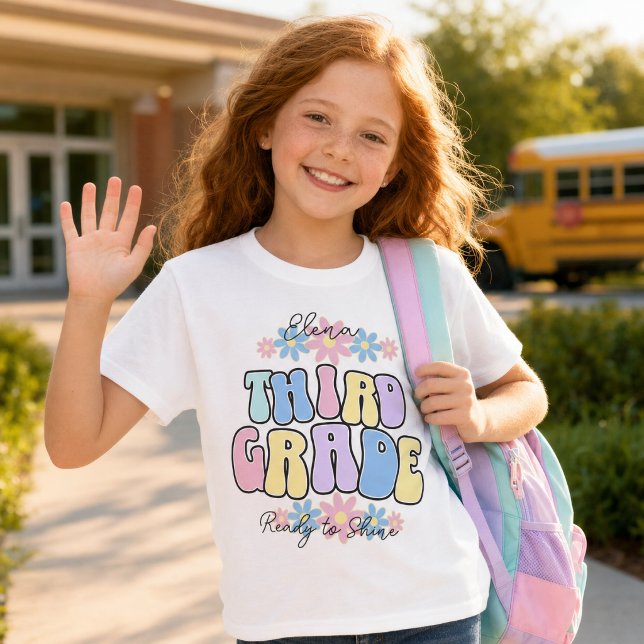Custom Name Third Grade Ready to Shine Retro T-Shirt (Creator Uploaded)