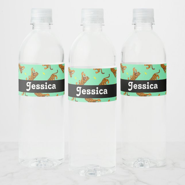 Custom name tigers on green pattern water bottle label (Bottles)