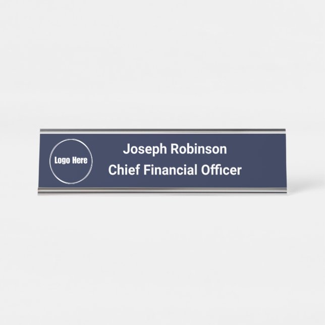 Custom Name Title Logo Midnight Navy Blue Desk Name Plate (Front)